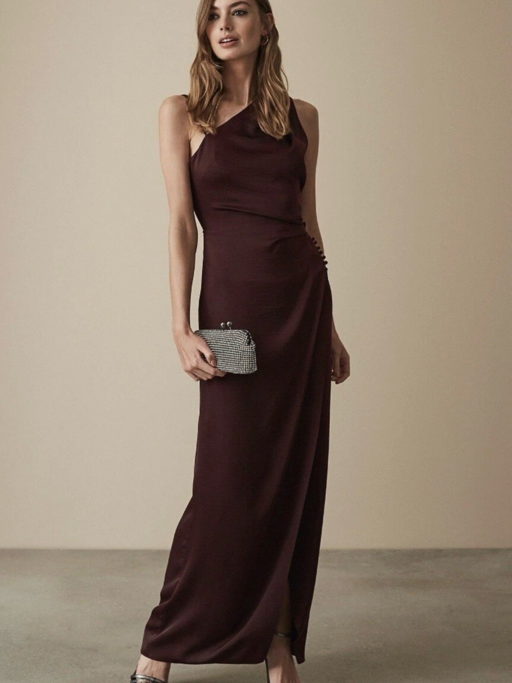 Aerin One-Shoulder Burgundy Satin Gown Reiss